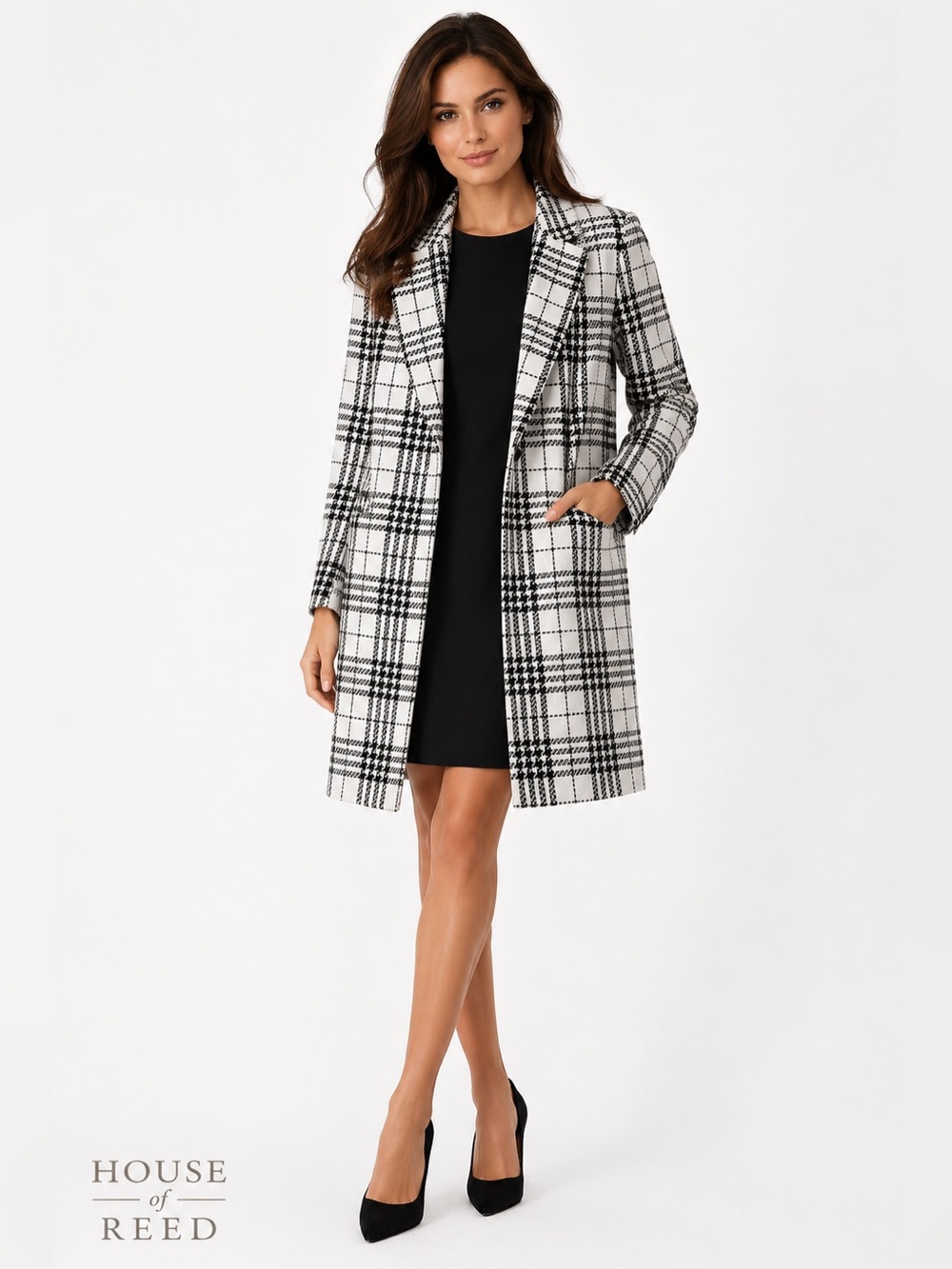 Melloday Black White Plaid Open Front Duster Jacket‎ S Stretch Longline Blazer